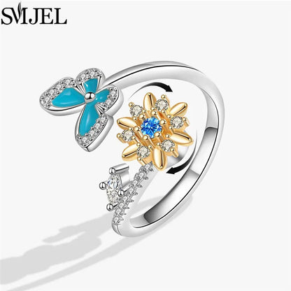 Cherry Blossom Rotating Fidget Spinner Ring – Cute Cat, Bee, Bunny & Butterfly Anti-Anxiety Ring for Women | Adjustable Stress Relief Jewelry
