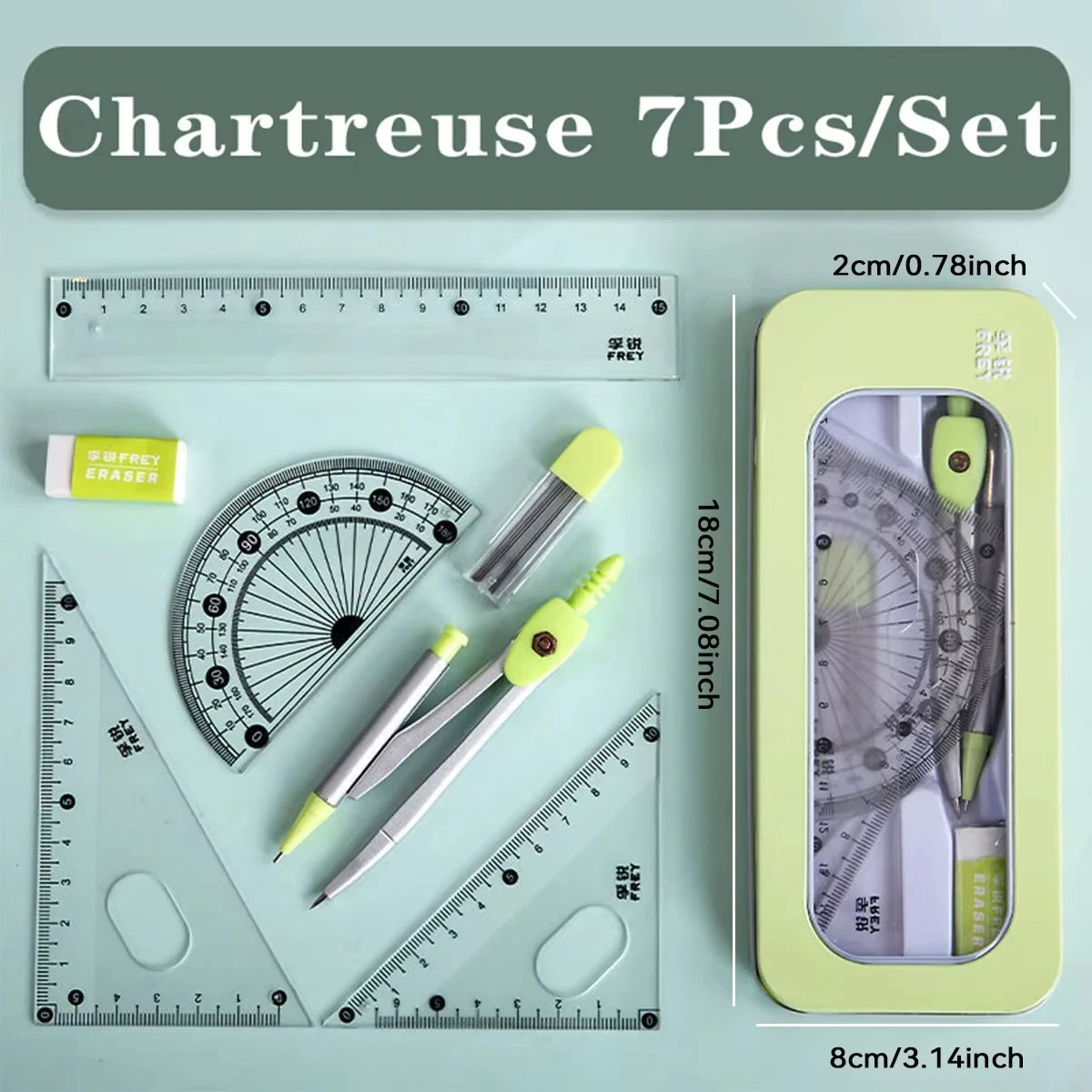 7PCS Geometry Ruler Set – Compass, Triangle Ruler & Protractor Student Math Kit in Storage Box