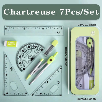 7PCS Geometry Ruler Set – Compass, Triangle Ruler & Protractor Student Math Kit in Storage Box