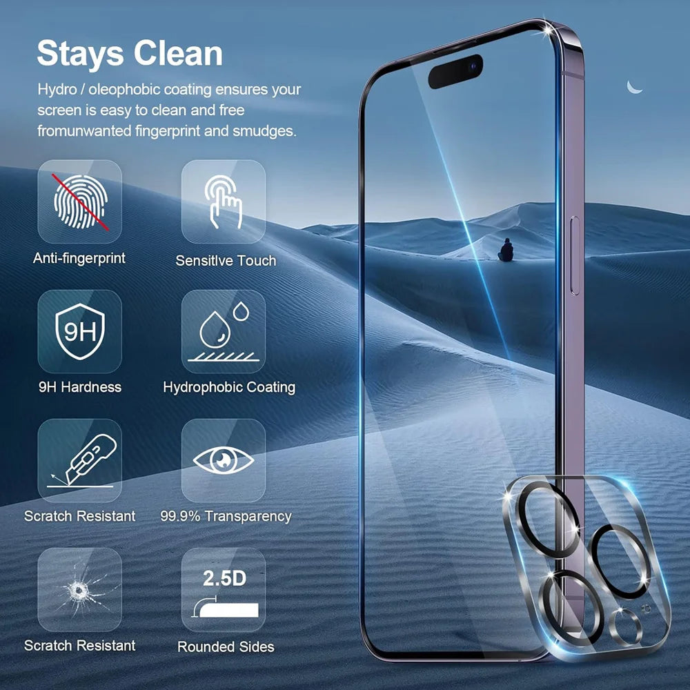 HD Tempered Glass Screen Protector for iPhone 17/16/15/14/13/12/11 Pro Max – Camera Lens Protection Film | Anti-Scratch Phone Accessory