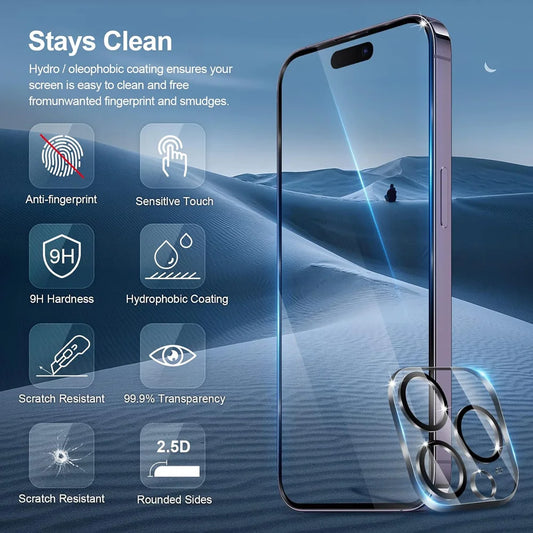 Protector de pantalla de cristal templado HD para iPhone 17/16/15/14/13/12/11 Pro Max – Lámina protectora para lente de cámara | Accesorio antiarañazos para teléfono