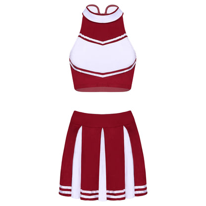 Women’s Cheerleader Cosplay Costume – Uniform Set (Crop Top + Mini Pleated Skirt, Carnival Outfit)