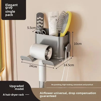 Soporte para secador de pelo montado en la pared, sin taladro, estante de almacenamiento para baño, organizador de herramientas para el cabello de plástico