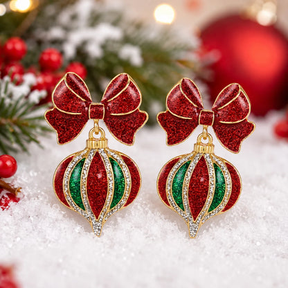 Christmas Bow Drop Earrings for Women – Glitter Red & Green Holiday Dangle Earrings, Festive Party Jewelry, Cute Gift Accessories