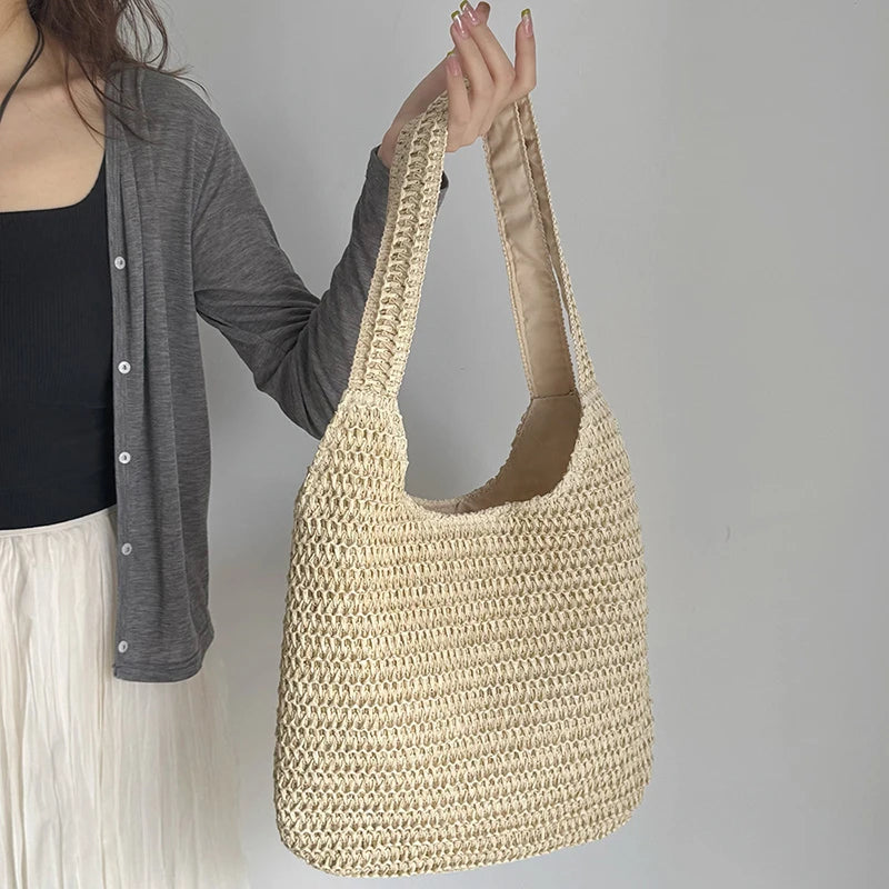 Sac à bandoulière en rotin tressé pour femmes – Grand sac cabas en paille tressée, sac de plage d'été pour femmes, sac de voyage décontracté pour les vacances, le shopping et un usage quotidien