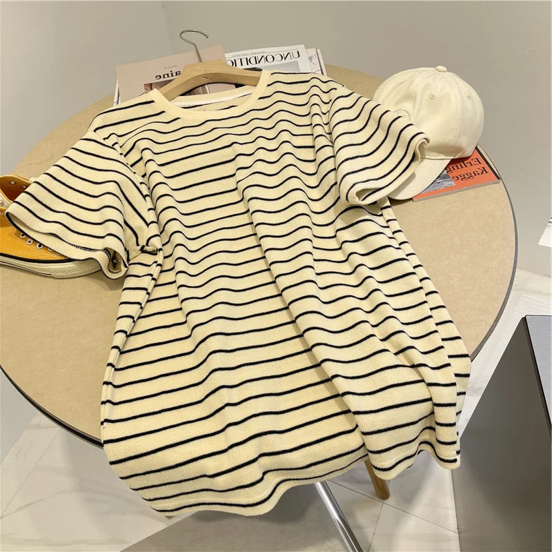 Women’s Korean Style Oversize Striped T-Shirt Loose Casual Short Sleeve Cotton Summer Commute Top