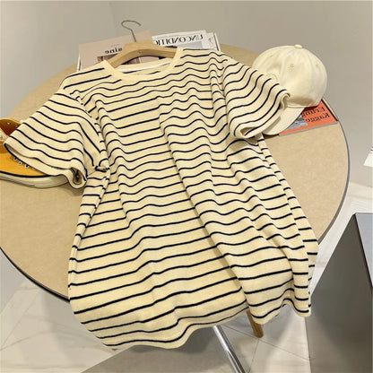 Women’s Korean Style Oversize Striped T-Shirt Loose Casual Short Sleeve Cotton Summer Commute Top