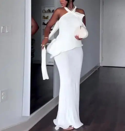 Women’s 2026 Spring Halter Neck Backless Long Dress Slim Fit Hip Hugging Elegant Sexy Solid Color
