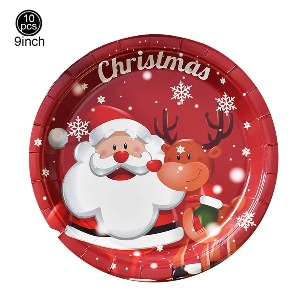 9-Inch Merry Christmas Paper Plates – Santa Claus, Christmas Tree & Elk Round Disposable Plates for Xmas Party & Table Decor