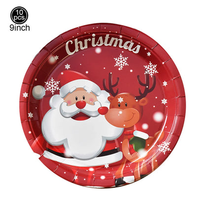 9-Inch Merry Christmas Paper Plates – Santa Claus, Christmas Tree & Elk Round Disposable Plates for Xmas Party & Table Decor