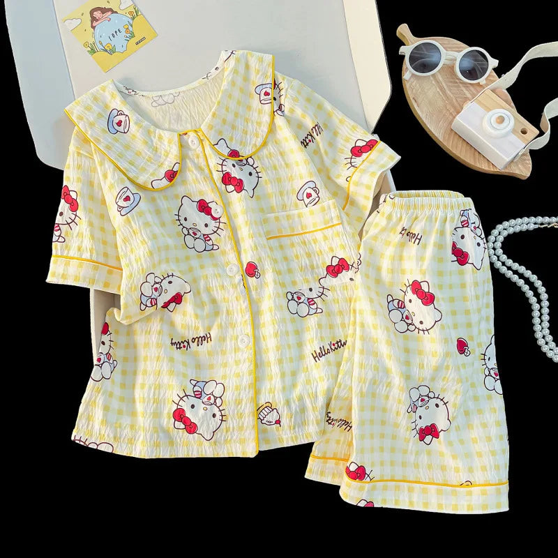 Girls Cotton Pajama Set – Soft Cloud Cotton Short Sleeve Button Front Sleepwear with Lace Trim for Summer