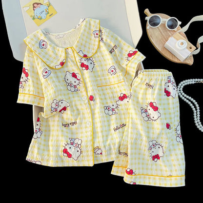 Girls Cotton Pajama Set – Soft Cloud Cotton Short Sleeve Button Front Sleepwear with Lace Trim for Summer