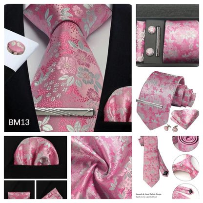 Corbata de seda 100% con diseño floral de Paisley para hombre con pañuelo de bolsillo, pasador de corbata y gemelos en caja de regalo