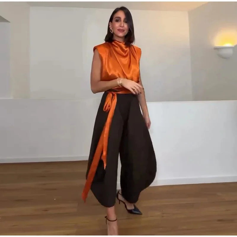 Women’s 2026 Spring Orange Sleeveless Satin Top Long Ribbon Elegant Stylish Fashion Blouse