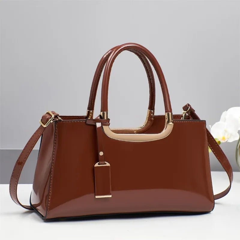 Women's Glossy Leather Tote Bag – Large Square Shoulder & Crossbody Handbag, Stylish Fashion Purse for Everyday Use