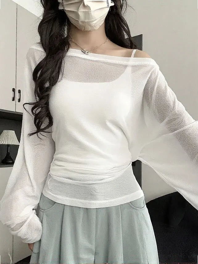 Women’s See Through Long Sleeve Oversize T-Shirt Sexy Back Bandage Off Shoulder Basic Long Tee Korean Chic