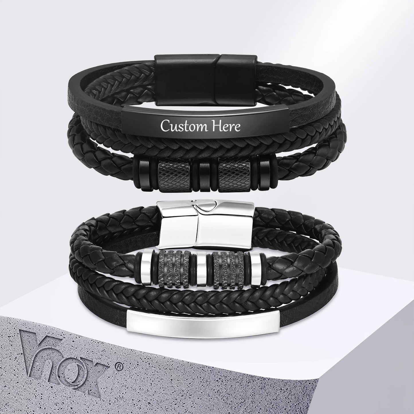 Vnox Personalized Braided Leather Bracelet for Men – Custom Name Engraved Triple Woven PU Leather Wristband | Handmade Gift Jewelry