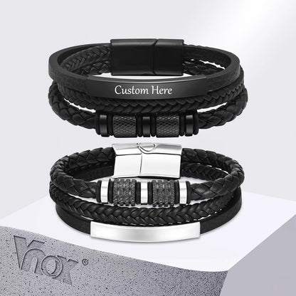 Vnox Personalized Braided Leather Bracelet for Men – Custom Name Engraved Triple Woven PU Leather Wristband | Handmade Gift Jewelry