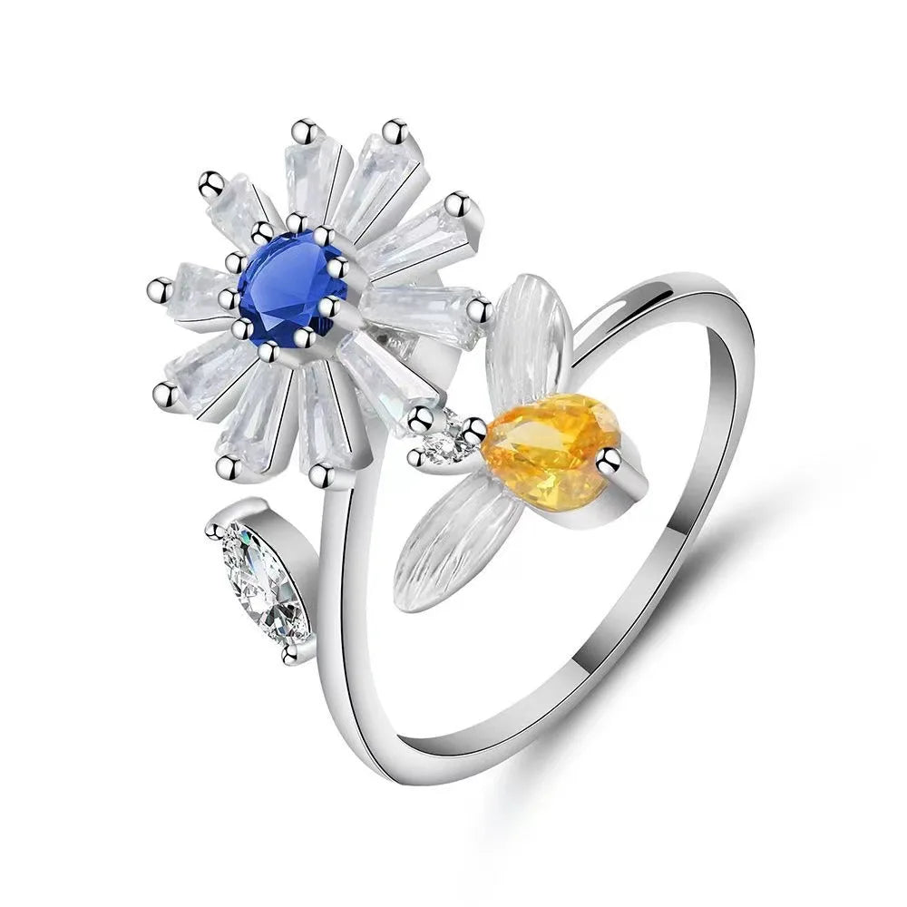 Anillo giratorio antiestrés de mariposa y flor con diamantes de imitación – Anillo giratorio antiansiedad para mujer | Joyería ajustable para aliviar el estrés