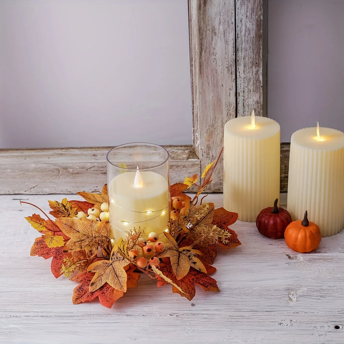 1PC Autumn Harvest Christmas Candle Holder – Faux Maple Leaf Wreath Centerpiece for Holiday Tables, Festive Parties & Home Decor