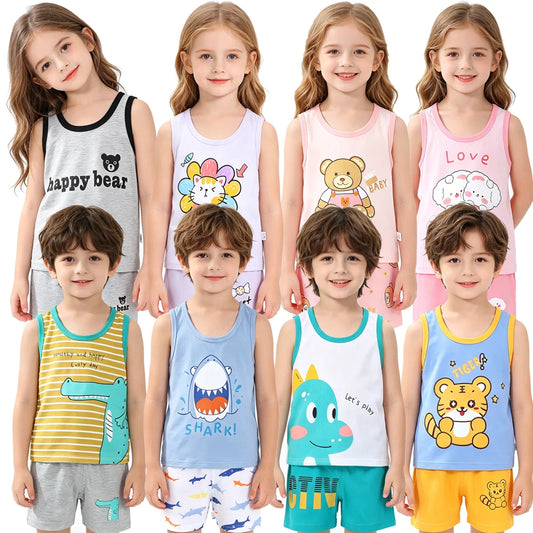 Conjunto de pijama de algodón 100 % para niños, camiseta sin mangas y pantalones cortos, ropa de dormir de verano para niños y niñas