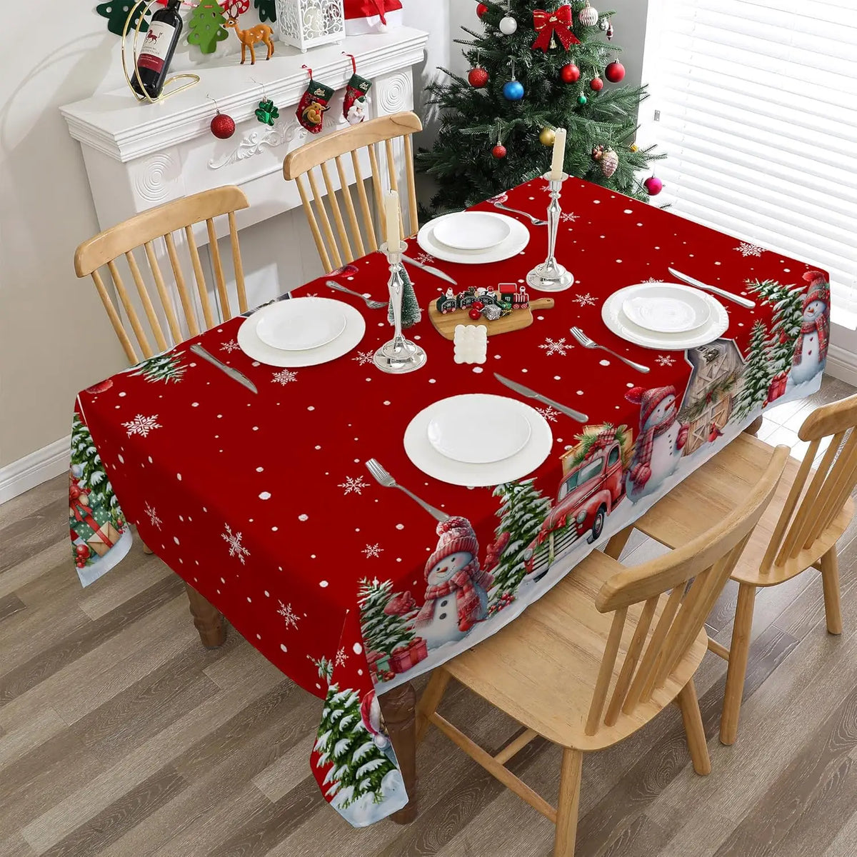 Christmas Snowman Truck Tablecloth – Xmas Tree & Winter Snowflake Dining Table Cover for Kitchen, Home & Holiday Decor