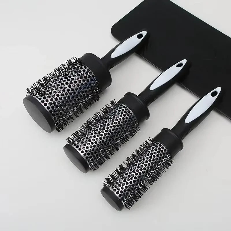 Round Hair Styling Brush – Nylon Bristle Comb with Thermal Aluminum Barrel for Curling, Blow-Drying & Volume, Professional Hairdressing Tool