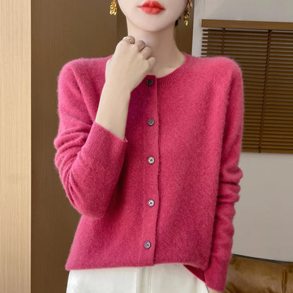 Women's 100% Merino Wool Long-Sleeve Sweater – O-Neck Knit Cardigan-Style Top for Spring & Autumn, Soft Basic Fashion Knitwear