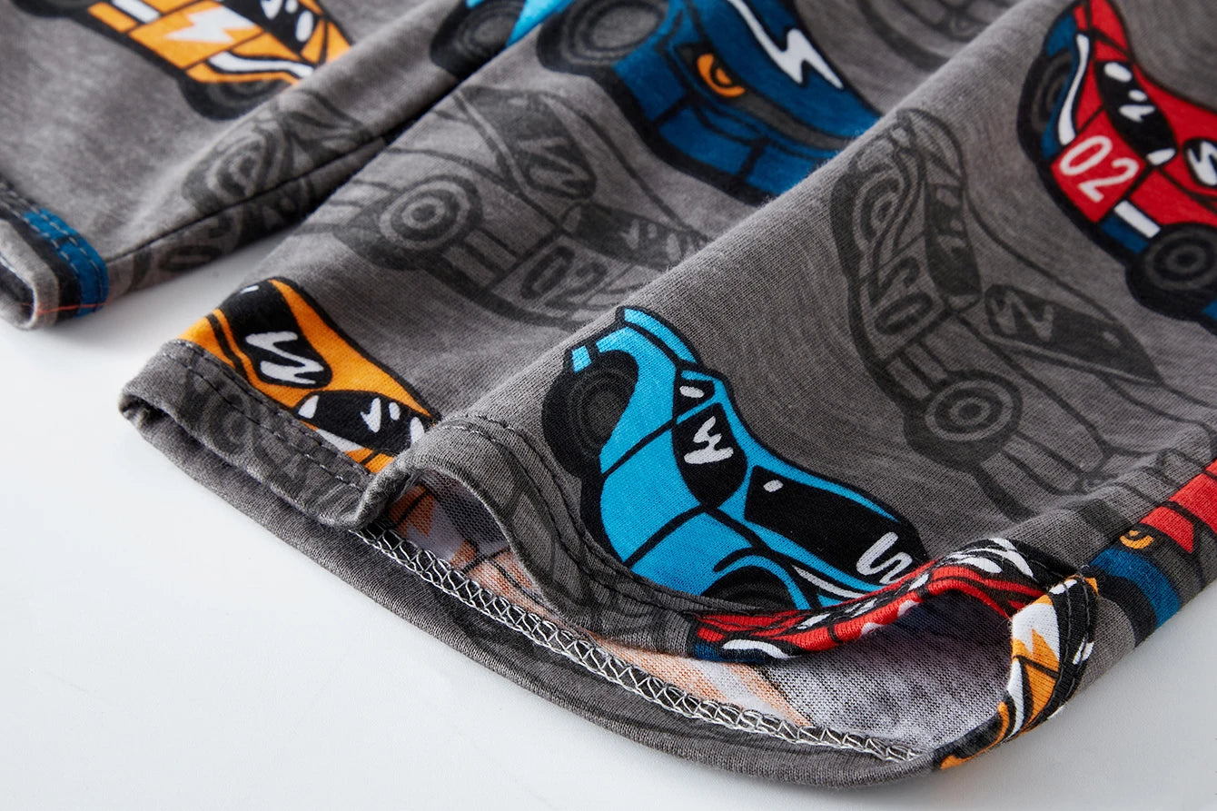 Conjunto de pijama de 2 piezas para niños, 100% algodón, estampado de coches, suave, transpirable, de manga corta, para verano