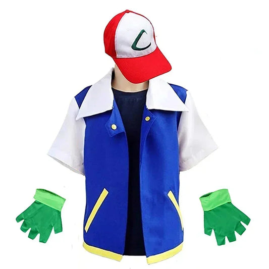 Disfraz de entrenador Ash Ketchum inspirado – Conjunto de chaqueta azul con gorra y guantes para hombres, mujeres y niños, para fiesta de Halloween o carnaval