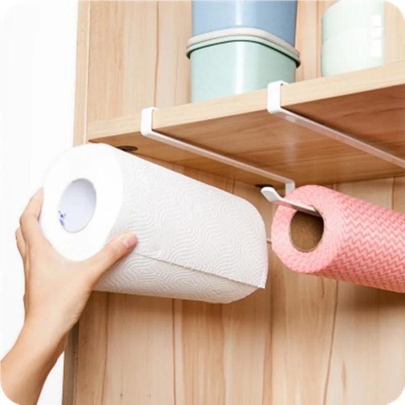 Soporte de papel de cocina - Soporte de papel de cocina sin perforaciones, soporte de papel higiénico colgante, organizador de gancho para puerta de armario para cocina, baño y almacenamiento en el hogar