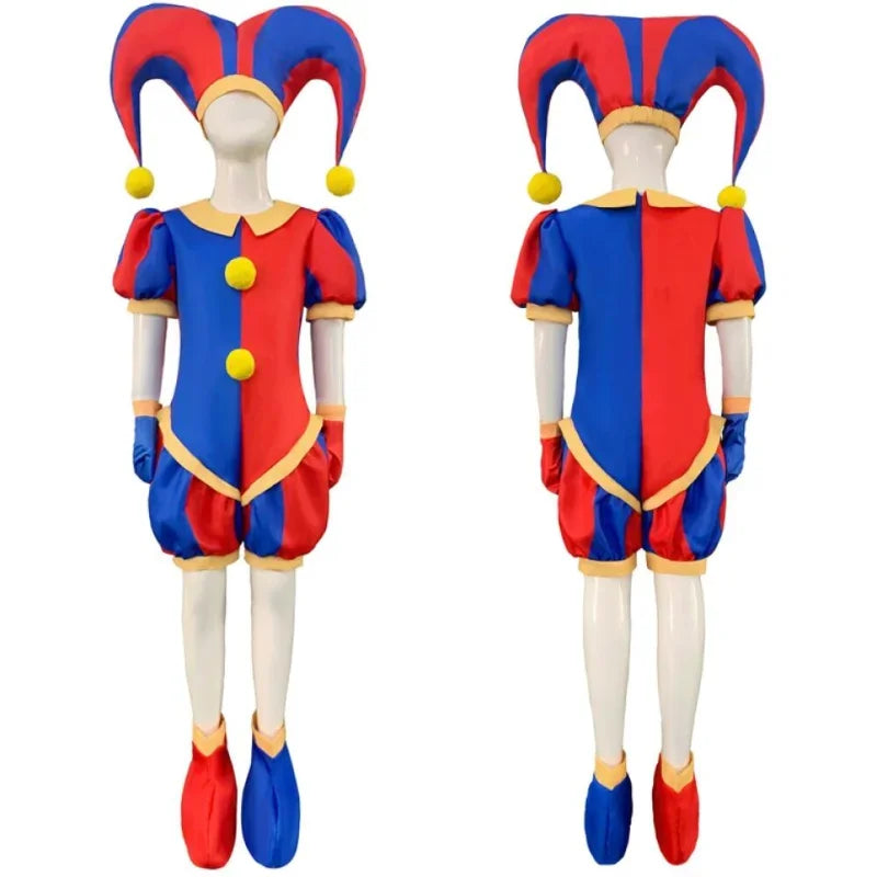 Halloween Circus Clown Cosplay Costumes with Hat Shoe Covers Gloves for Men Women Stage performance Carnival Jumpsuit Outfits