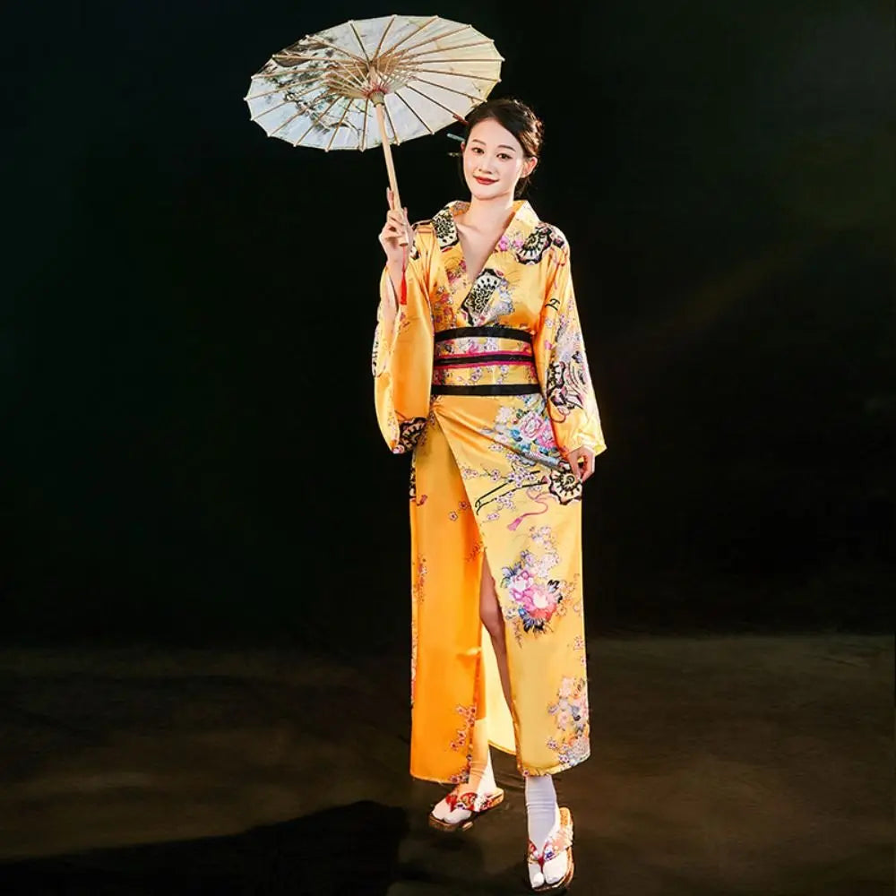 Japanese Kimono Cosplay Costume – Floral Sakura Printed Dress, Traditional Asian Style Kimono Outfit for Women Halloween & Party Wear