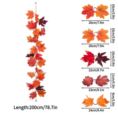 2M Artificial Maple Leaf Garland – Faux Fallen Leaves Autumn Rattan Decor for Thanksgiving, Halloween, Wedding, Christmas & Holiday Festivals