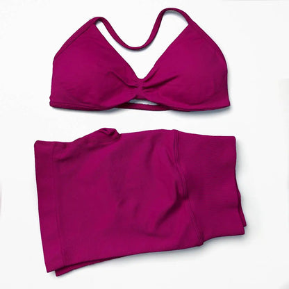 Seamless 2-Piece Yoga Sports Set – Strappy Halter Crop Top with Removable Pads & Quick-Dry Backless Shorts for Gym and Fitness