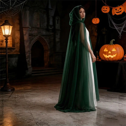 Ghost Witch Cosplay Costume with Hooded Cloak – Death God Net Long Dress Full Set for Halloween, Stage Performance & Party Outfit