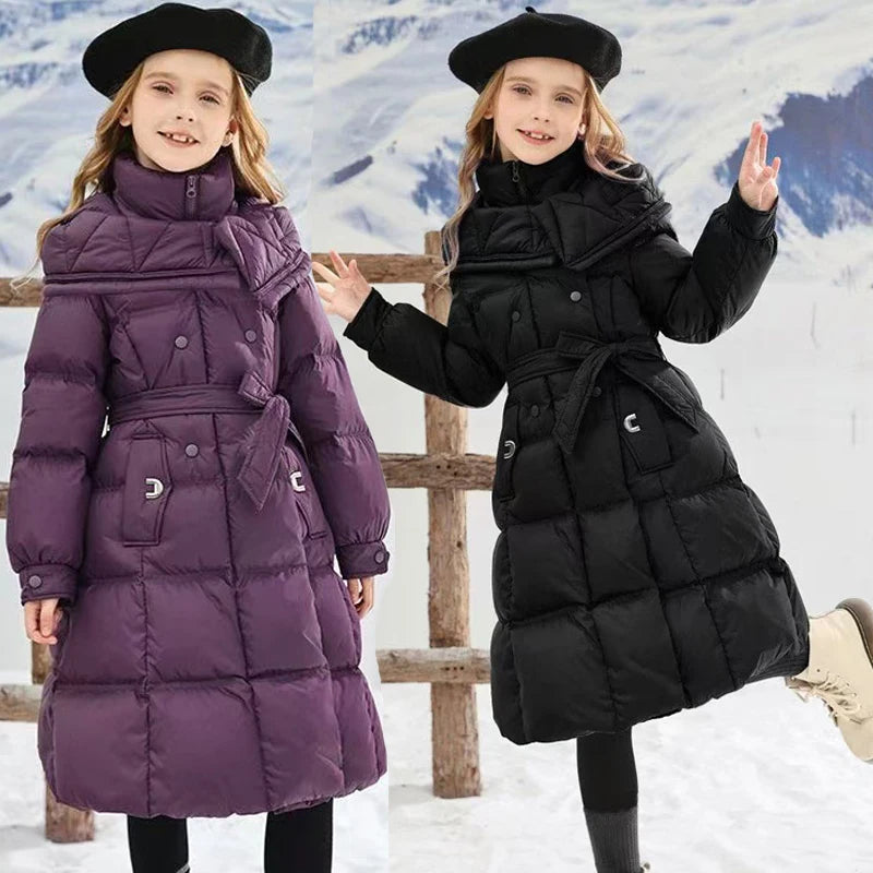Girls’ Long Hooded Winter Coat – Thick Warm Cotton-Padded Jacket, Solid Color Snow Outerwear for Kids Ages 5–12