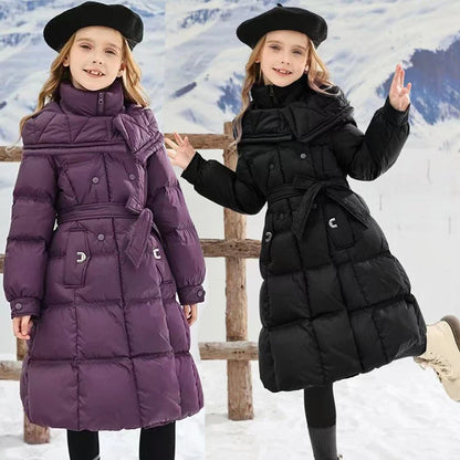 Girls’ Long Hooded Winter Coat – Thick Warm Cotton-Padded Jacket, Solid Color Snow Outerwear for Kids Ages 5–12