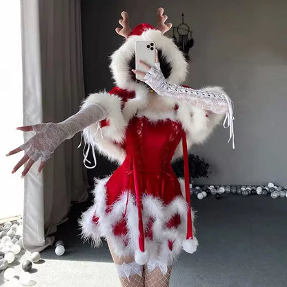 Women's Sexy Christmas Lolita Santa Costume, Red and White Short Skirt Dress, Elegant Santa Claus Cosplay Outfit for Christmas Parties, Holiday Events and Roleplay Garment