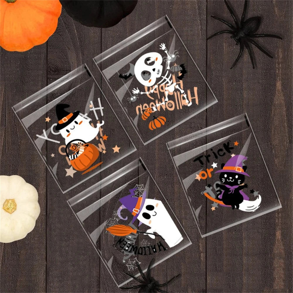 100PCS Halloween Candy Bags, Plastic Gift Packaging Bags with Ghost Pumpkin and Spider Prints, Trick or Treat Goodie Bags, Halloween Party Favors and Decorations