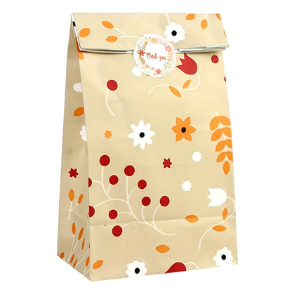 12/24PCS Plant Pattern Kraft Paper Gift Bags with Stickers for Candy, Cookies, Bakery Treats & Gift Packaging