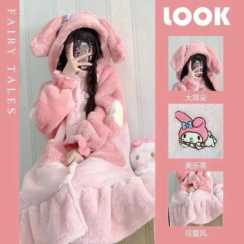 Sanrio Hello Kitty Girls' Velvet Pajama Set – Cute Cartoon Long Bathrobe & Nightgown, Soft Cozy Home Sleepwear for Kids