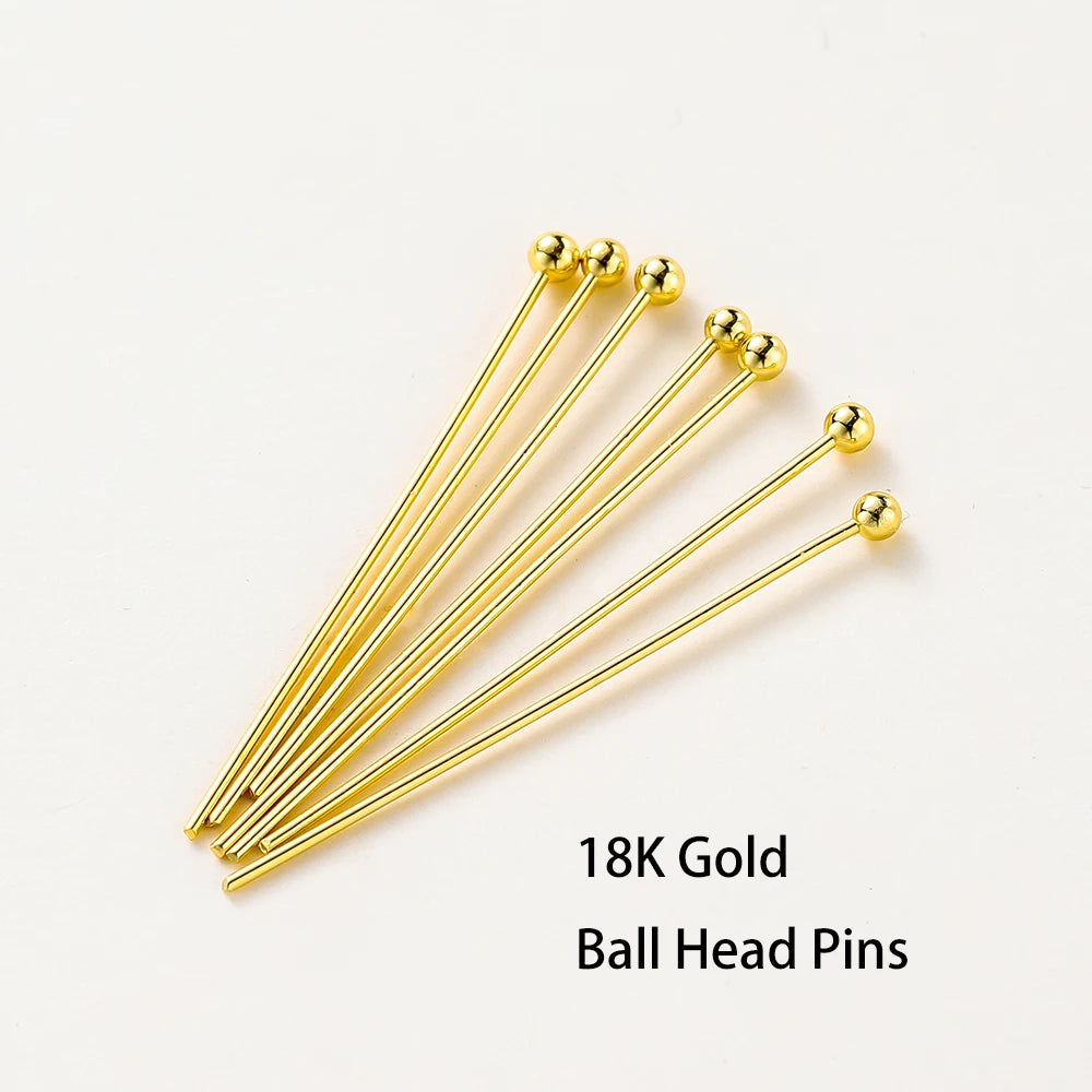 100-Piece 14K & 18K Gold Plated Brass Head Pins Set (16–50mm) – Ball, Flat & Eye Pins for DIY Jewelry Making & Crafts