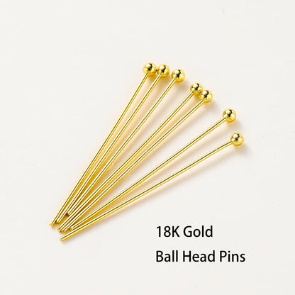 100-Piece 14K & 18K Gold Plated Brass Head Pins Set (16–50mm) – Ball, Flat & Eye Pins for DIY Jewelry Making & Crafts