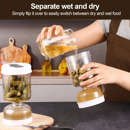 Pickle & Olive Storage Jar with Fork – Dual Dry & Wet Dispenser Hourglass Container, Cucumber & Pickle Keeper with Juice Separator for Kitchen