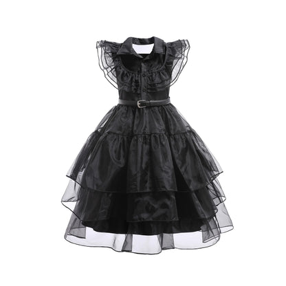 Girls’ Wednesday Addams Cosplay Costume Dress – Gothic Mesh Party Dress for Kids, Halloween Carnival Dress-Up Outfit, Ages 4–12