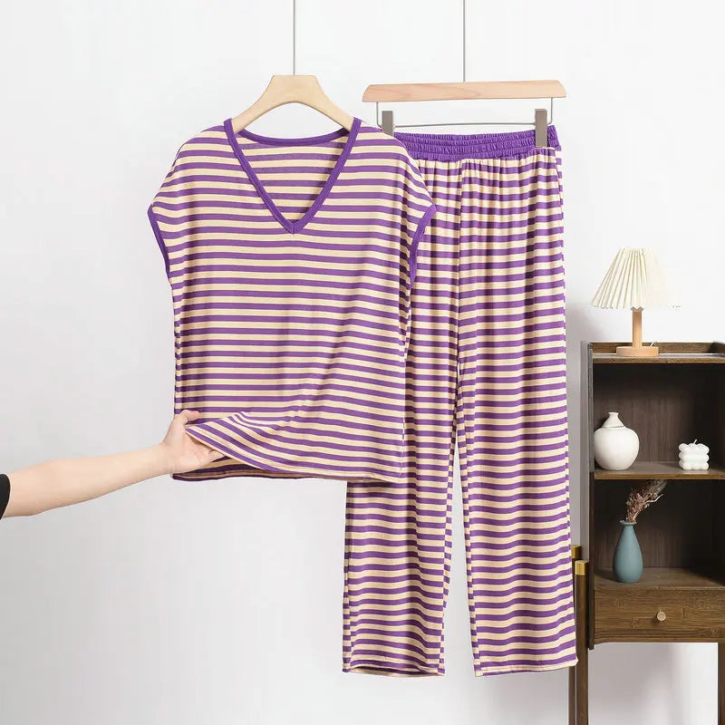 XL-8XL Plus Size Modal Pajama Set – 2PCS Short-Sleeve Striped T-Shirt & Pants, Lightweight Summer Loungewear for Home & Sleep