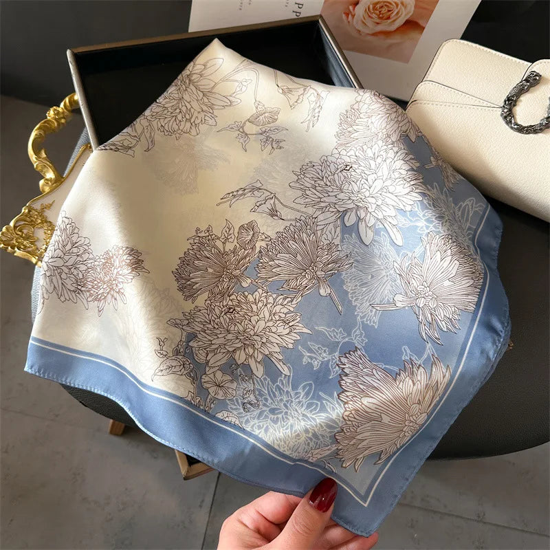 2024 Lujosa Bufanda Cuadrada de Seda de 70cm para Mujer con Estampado Floral, Pañuelo de Diseñador, Fular, Chal, Hiyab, Diadema, Lazos