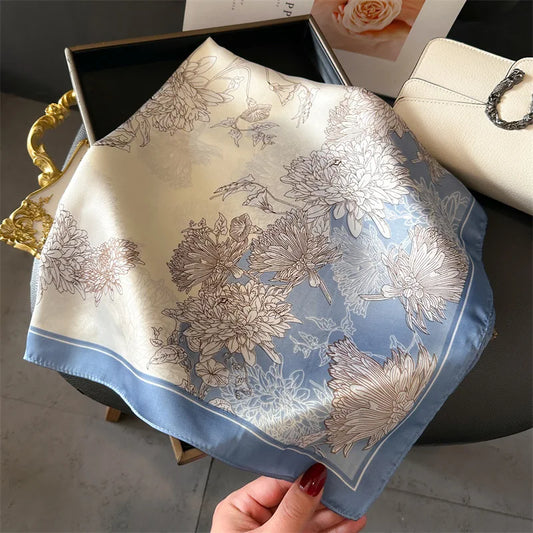 2024 Lujosa Bufanda Cuadrada de Seda de 70cm para Mujer con Estampado Floral, Pañuelo de Diseñador, Fular, Chal, Hiyab, Diadema, Lazos