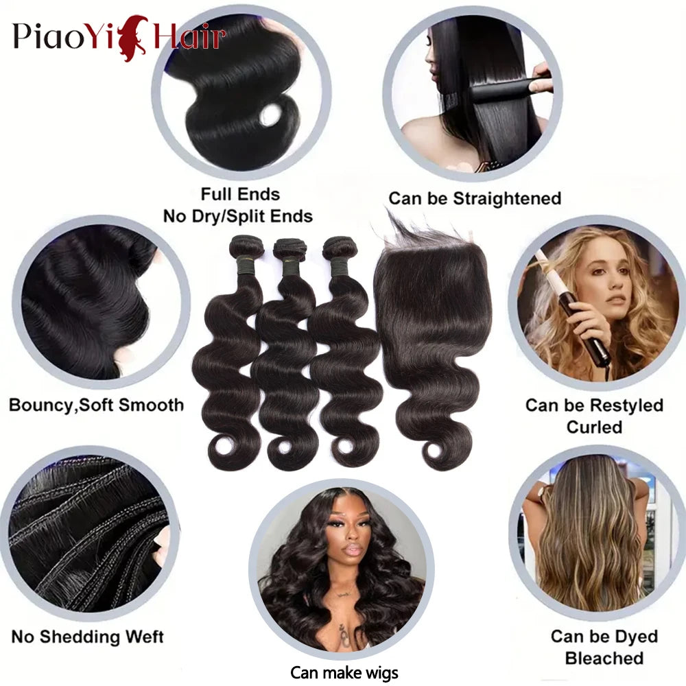 Body Wave Human Hair Bundles with 4x4/5x5 Lace Closure – 100% Raw Human Hair Weave Extensions | 2x6 Middle Part Lace Wig Set